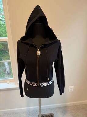 Michael Kors Black Hooded Zip-Up Jacket Gold Logo XS